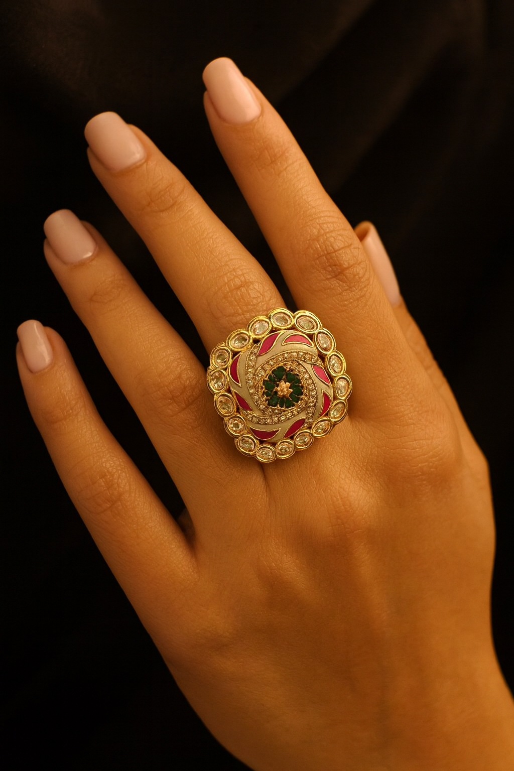 Elegant Pink & Green Kundan Floral Ring – Adjustable Party & Bridal Jewellery
